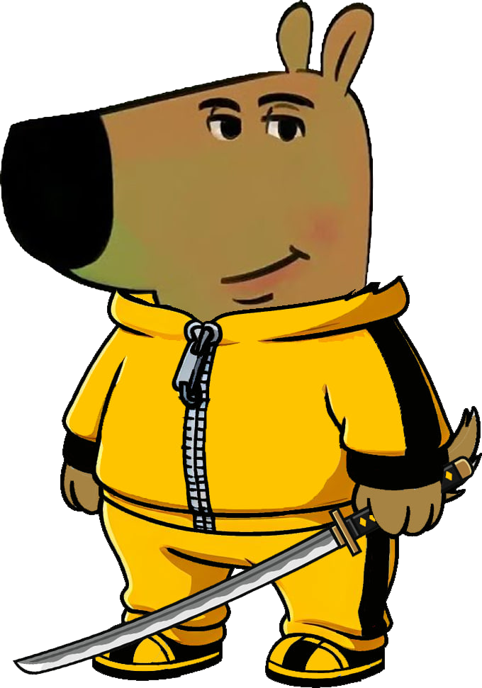The KillChill character: a dog in a yellow tracksuit holding a katana at his side
