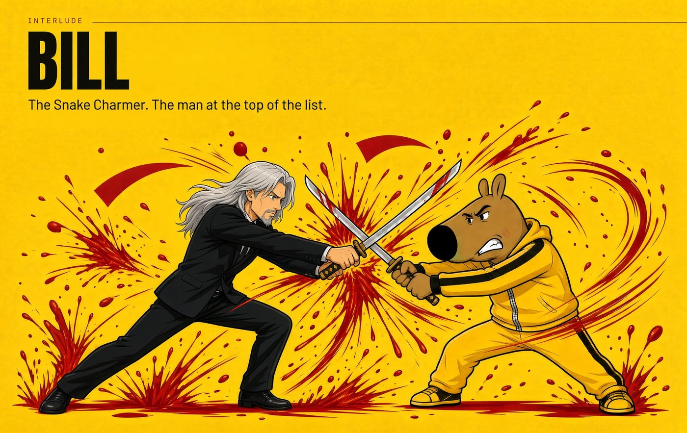 Bill, silver-haired and in black, meeting the KillChill character's katana