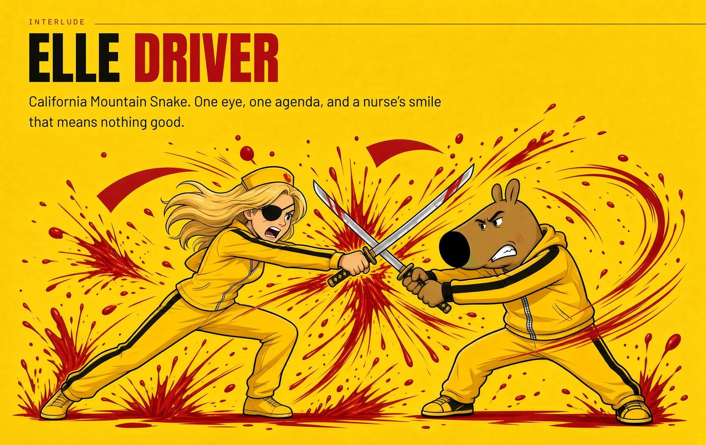 Elle Driver, one-eyed and in a yellow tracksuit, locking blades with the KillChill character