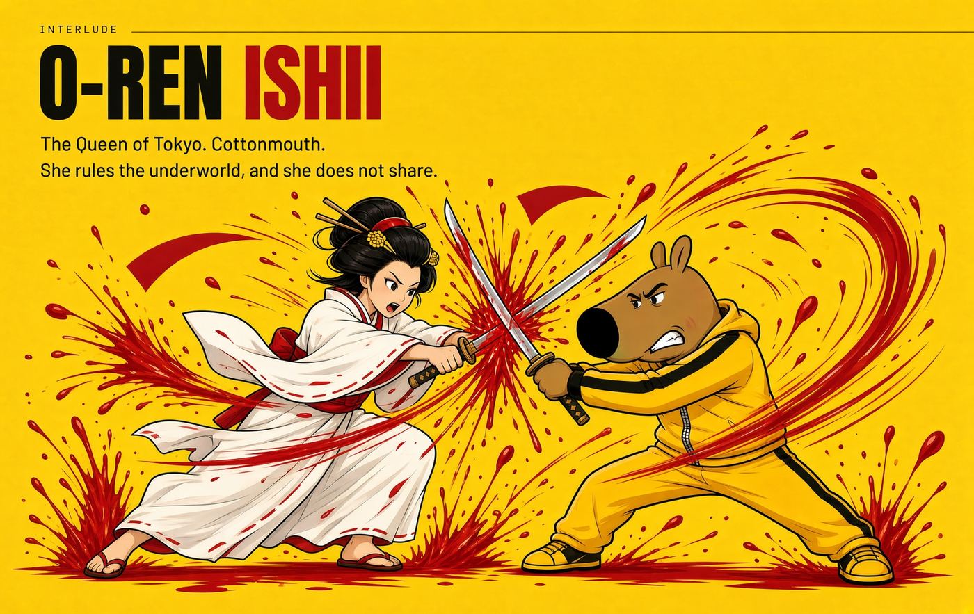 O-Ren Ishii in a white kimono duelling the KillChill character in the snow
