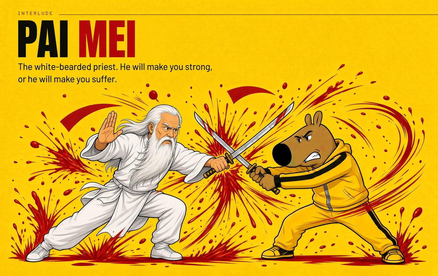 The white-bearded priest Pai Mei trading blows with the KillChill character