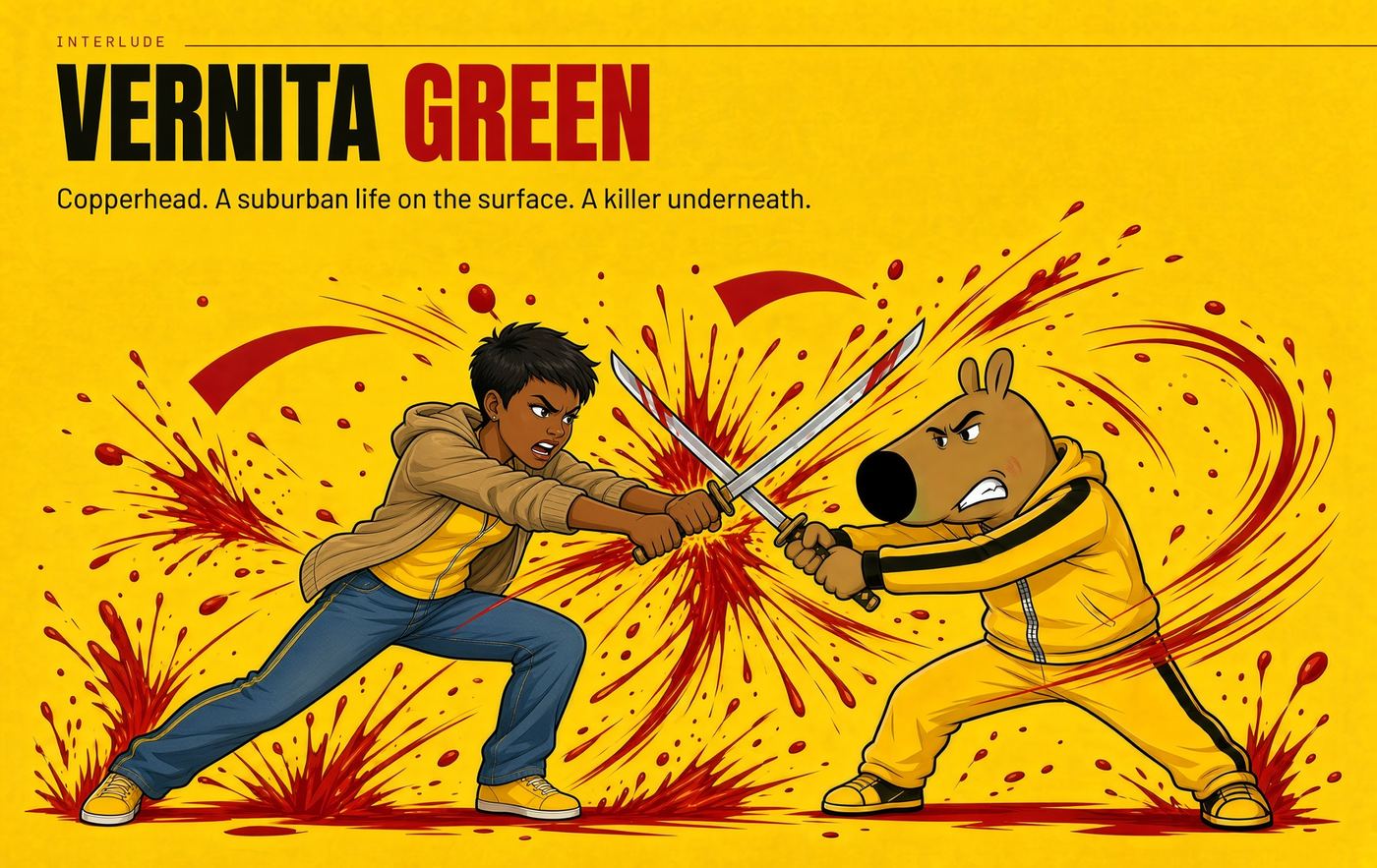 Vernita Green, the Copperhead, crossing swords with the KillChill character