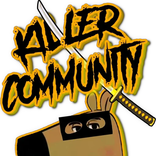 Graffiti lettering reading Killer Community above the masked chill guy and a katana