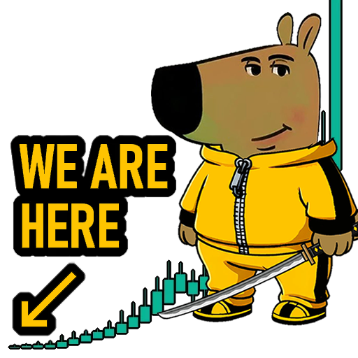 The chill guy standing over a rising candlestick chart, captioned We Are Here